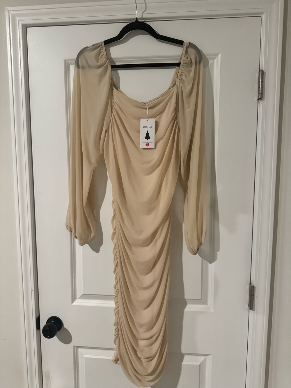 Sheer Ruched Long Sleeve Dress in Beige by Zesica